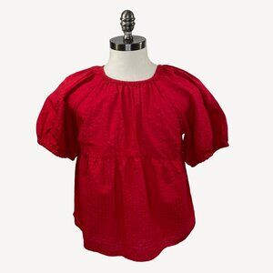 Old Navy Womens Red Puff-Sleeve Seersucker Babydoll Swing Blouse Top Size Large